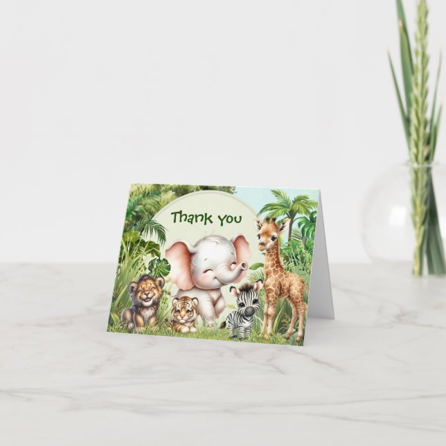 Safari Jungle Cute Animals Wild One 1st Birthday Thank You Card (Front)