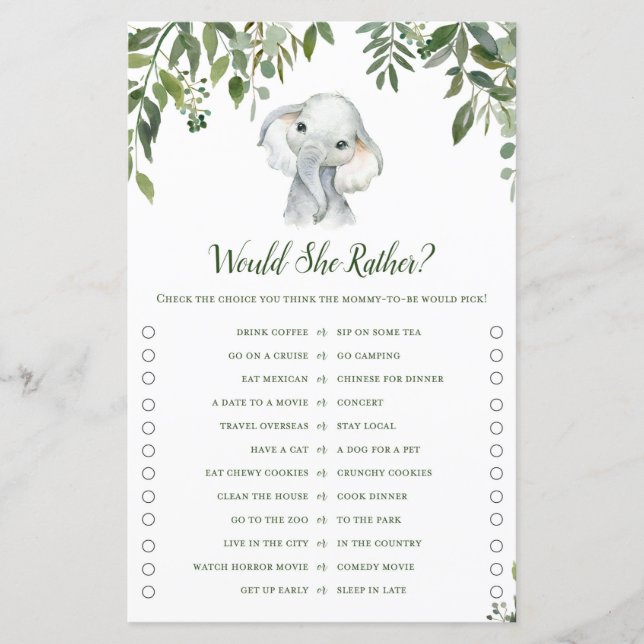 Safari Jungle Elephant Baby Shower Game PRINTED (Front)