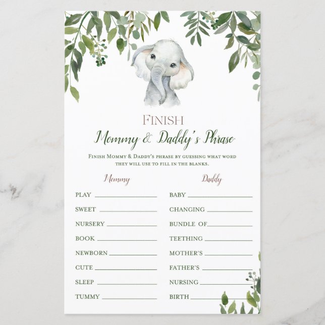 Safari Jungle Elephant Baby Shower Game PRINTED (Front)