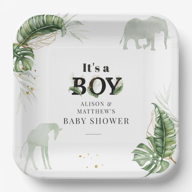 Safari Jungle Elephant Giraffe Boy Baby Shower Paper Plate (Front)