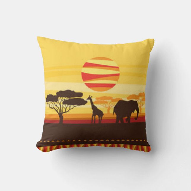 Safari Jungle Elephant Giraffe Sunset Cushion (Front)