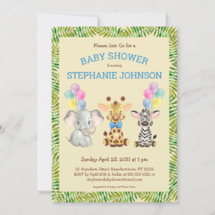 Safari Jungle Elephant Giraffe Zebra Baby Shower Invitation