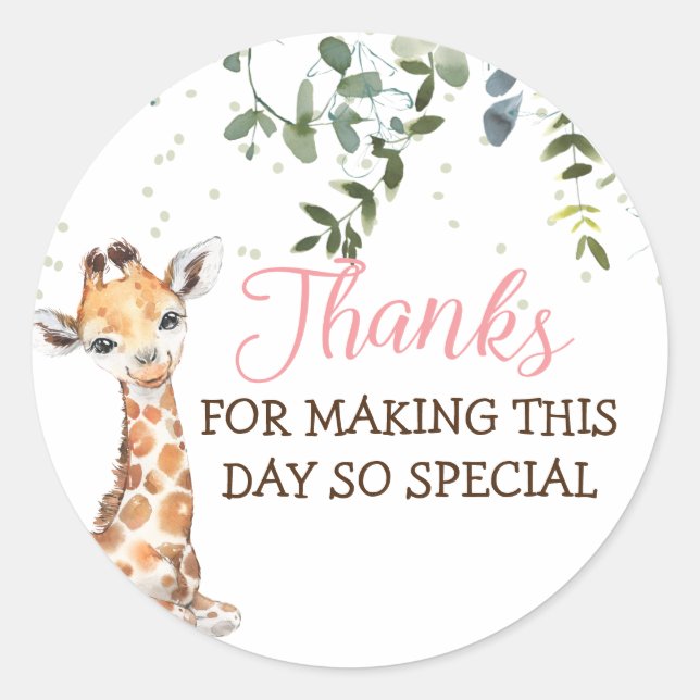 Safari Jungle Giraffe Pink Thank You Classic Round Sticker (Front)