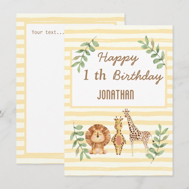 Safari jungle giraffe stripes white birthday card (Front/Back)