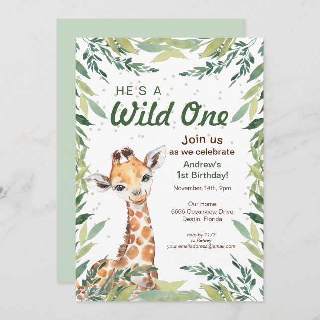 Safari Jungle Giraffe Wild One 1st Birthday Party Invitation (Front/Back)