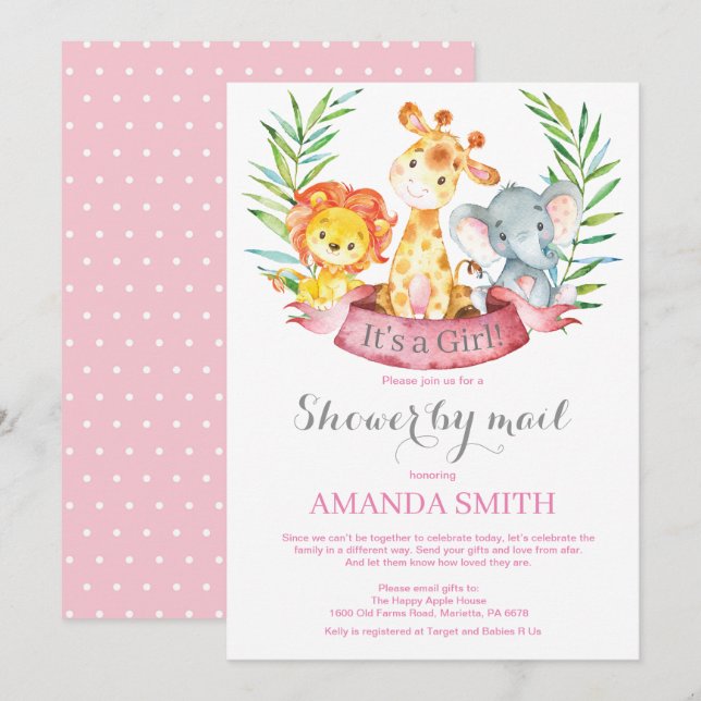 Safari Jungle Girl Baby Shower by Mail Invitation (Front/Back)