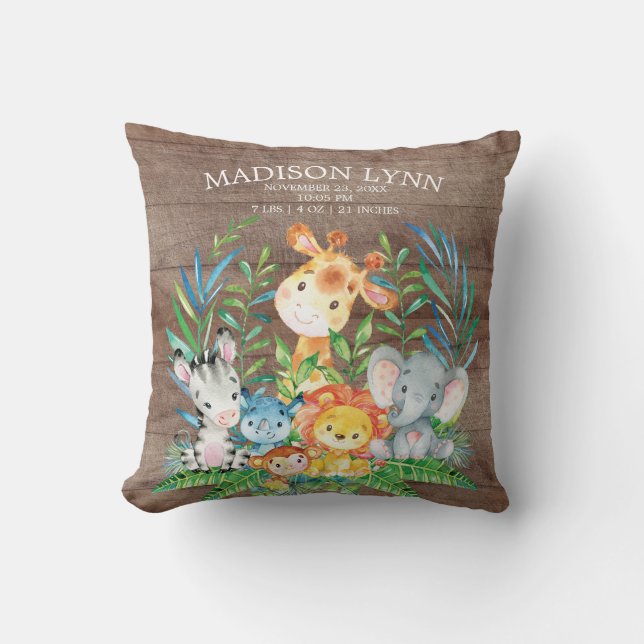 Safari Jungle Girl Boy Birth Stats Pillow (Front)