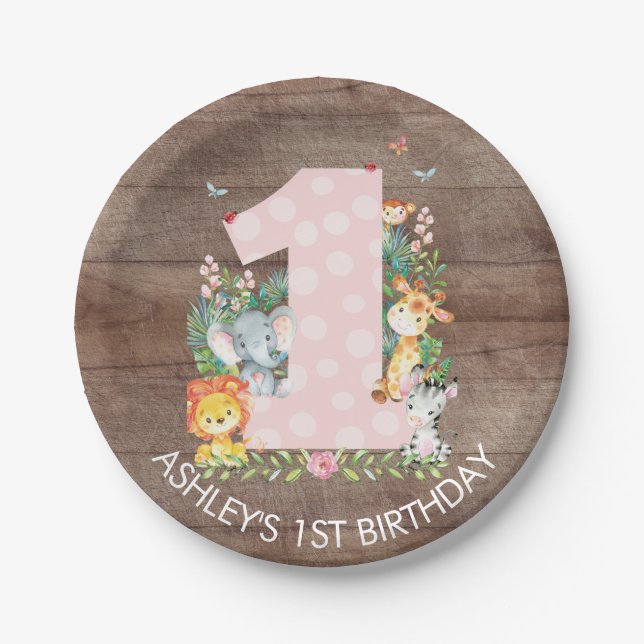 Safari Jungle Girls 1st Birthday 7" Plate (Front)