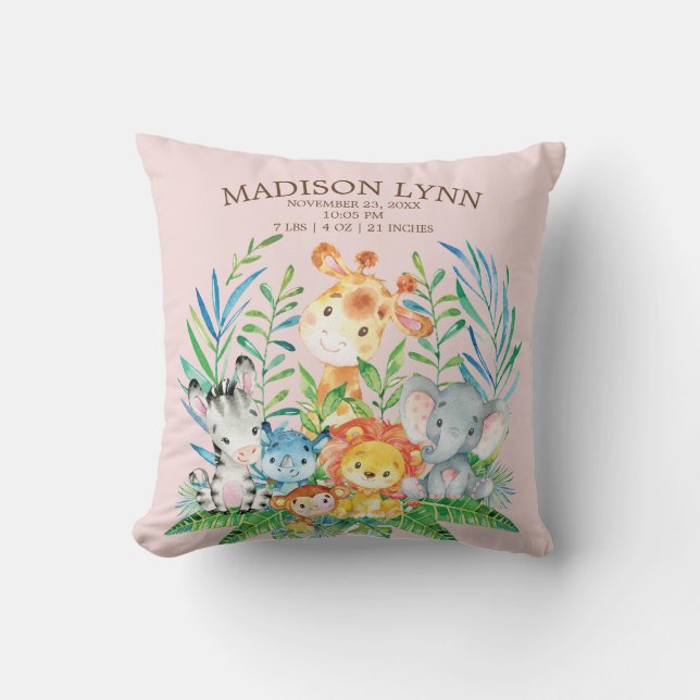 Safari Jungle Girls Birth Stats Pillow (Front)