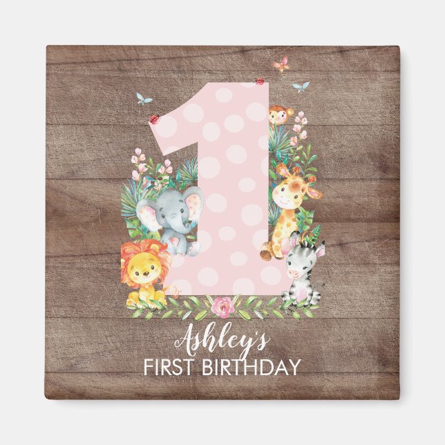 Safari Jungle Girls first Birthday Favour Magnet (Front)