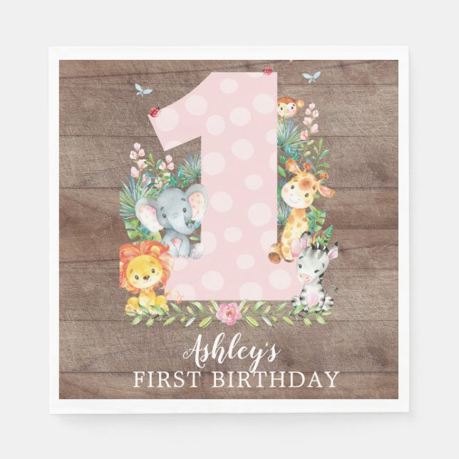 Safari Jungle Girls First Birthday Paper Napkins (Front)