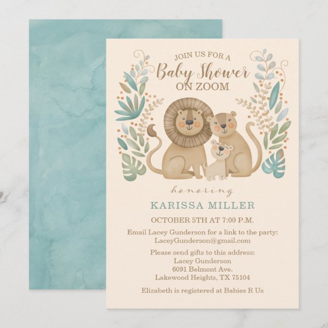 Safari Jungle Lion Virtual Baby Boy Shower Invitation (Front/Back)