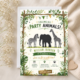 Safari Jungle Party Animals 3rd Birthday Invitation