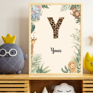 Safari Jungle Personalised Name Monogram Y Nursery Poster