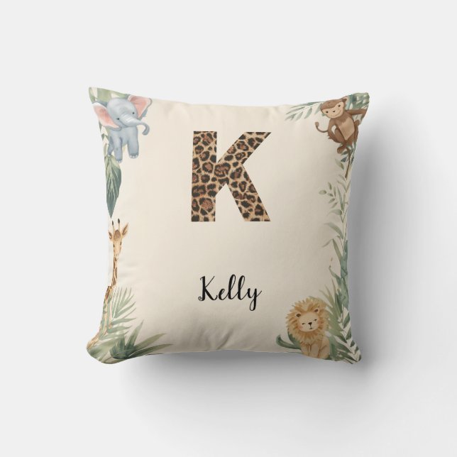 Safari Jungle Personalized Name Monogram K Nursery Cushion (Front)