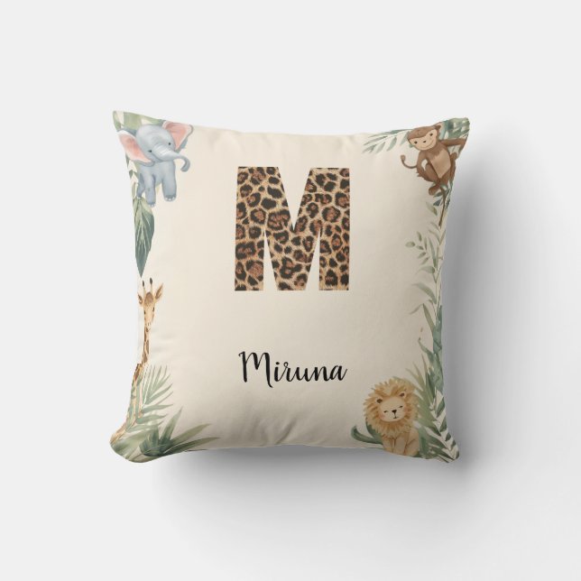 Safari Jungle Personalized Name Monogram M Nursery Cushion (Front)