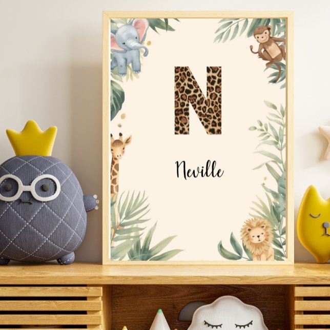 Safari Jungle Personalized Name Monogram N Nursery Poster (Creator Uploaded)