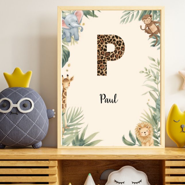 Safari Jungle Personalized Name Monogram P Nursery Poster (Creator Uploaded)