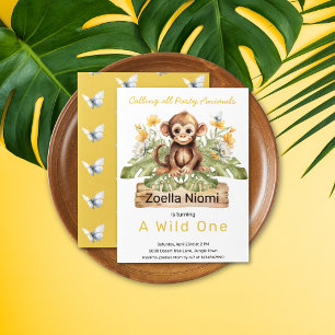 Safari Jungle Tropical Leaves Baby Monkey Birthday Invitation