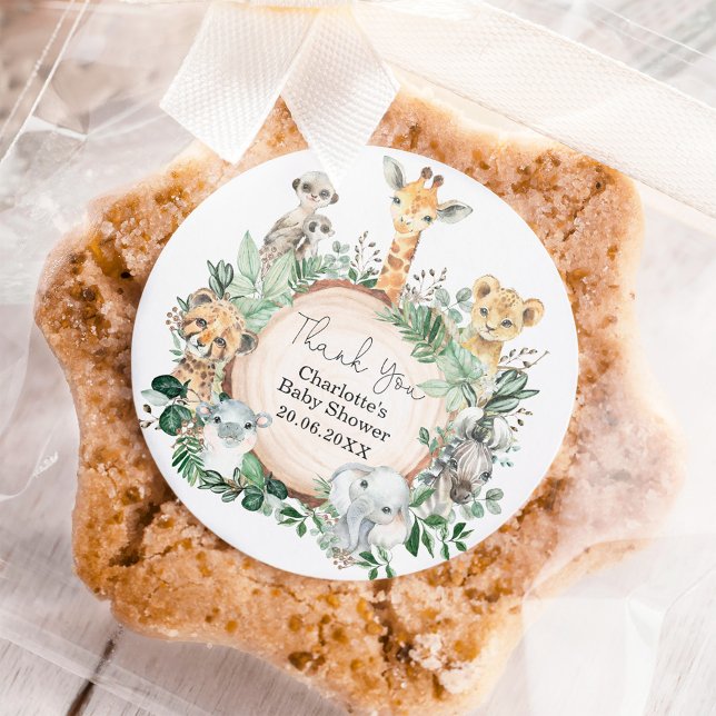 Safari Jungle Wild Animals Greenery Baby Shower Classic Round Sticker (Creator Uploaded)