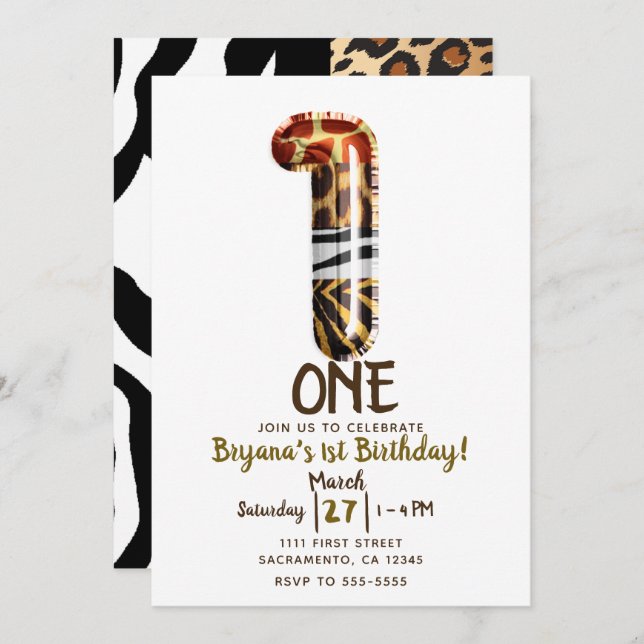 Safari Jungle Zebra Leopard ONE 1st Birthday Party Invitation (Front/Back)