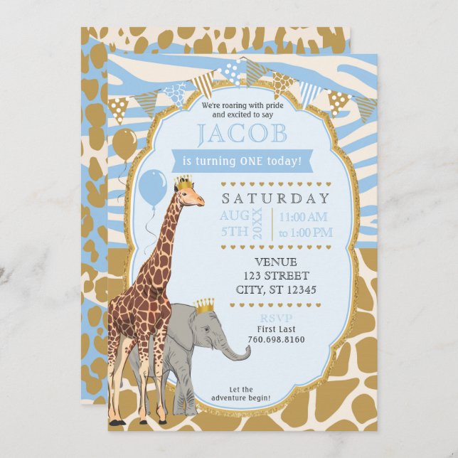Safari Kids Birthday Invitation - Blue (Front/Back)