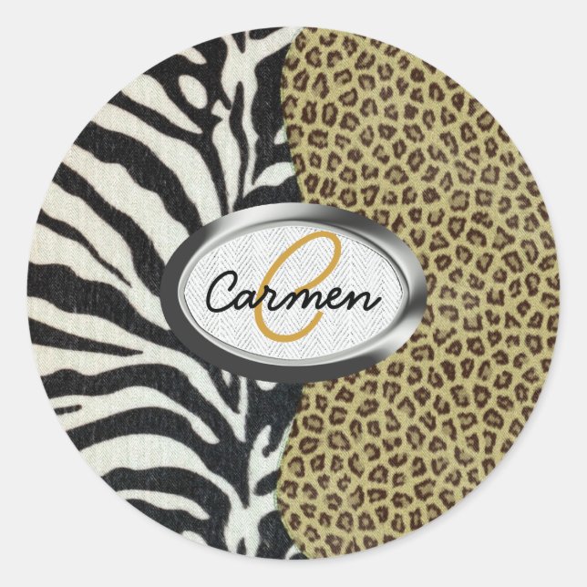 Safari Leopard and Zebra Print Monogram Classic Round Sticker (Front)