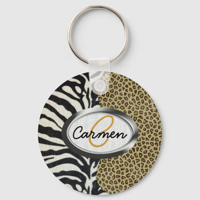 Safari Leopard and Zebra Print Monogram Key Ring (Front)