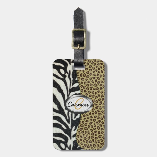 Safari Leopard and Zebra Print Monogram Luggage Tag (Front Vertical)