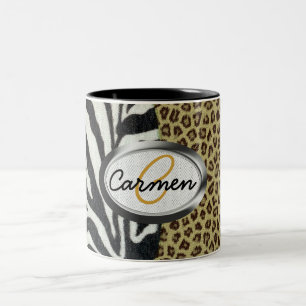 Safari Leopard and Zebra Print Monogram Two-Tone Coffee Mug