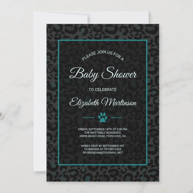 Safari Leopard Black Teal Animal Print Baby Shower Invitation (Front)