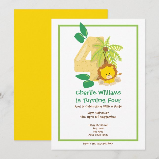 Safari Lion Fourth Birthday Party Invitation (Front/Back)