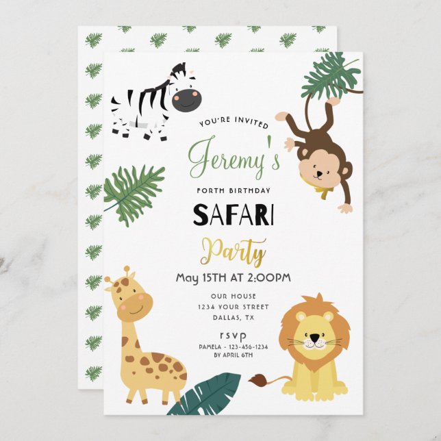 Safari Lion Zebra Monkey Little Boy Birthday Party Invitation (Front/Back)