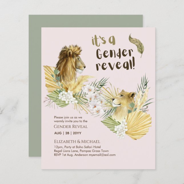 Safari Lions GENDER REVEAL Baby Shower Invitations (Front/Back)