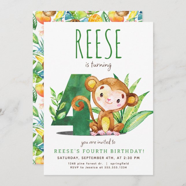 Safari Monkey Fourth Birthday Invitation (Front/Back)