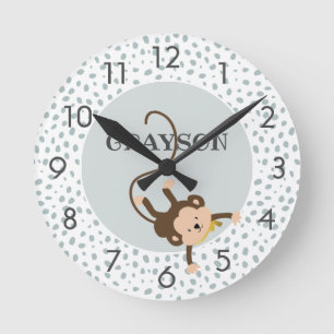 Safari Monkey Grey Personalised Round Clock