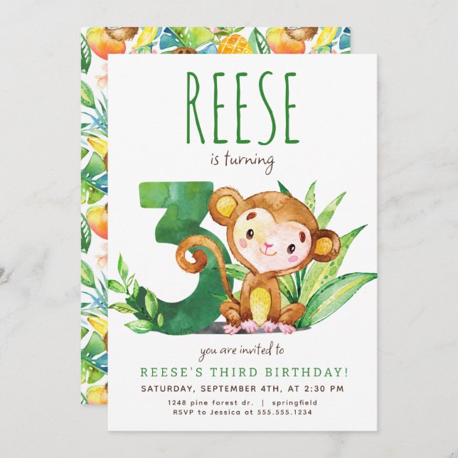 Safari Monkey Third Birthday Invitation (Front/Back)