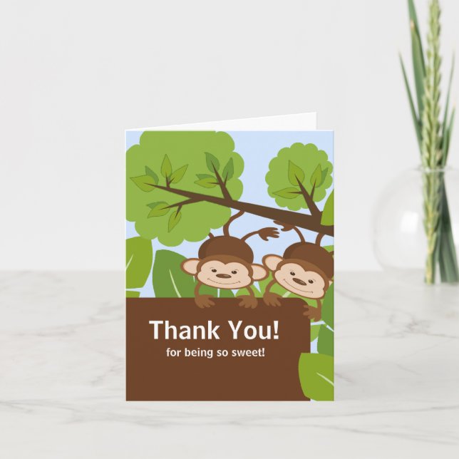 Safari Monkey Twins Baby Shower Thank You Card (Front)