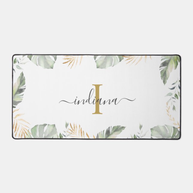 Safari Monogram Elegant Script Name Botanical Desk Mat (Front)