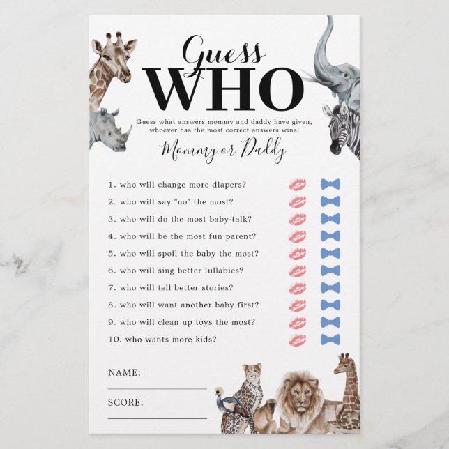 Safari Mummy or Daddy Baby Shower Game (Front)