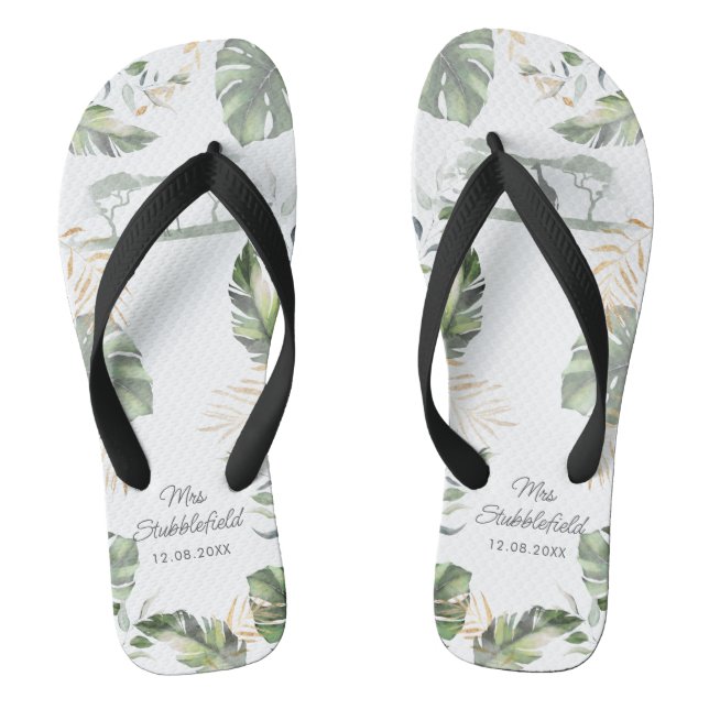 Safari Palm Leaves Honeymoon Botanical Script Mrs Flip Flops (Footbed)