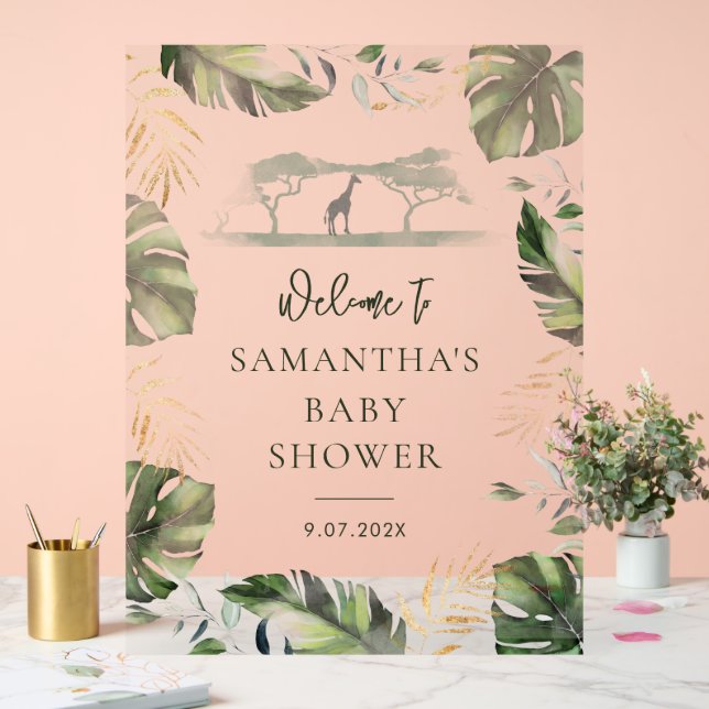 Safari Palm Leaves Script Baby Shower Welcome Acrylic Sign (Wedding)
