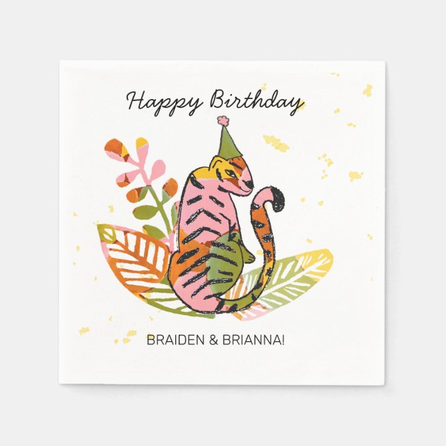 Safari Party Animal Hand Drawn Kids Joint Birthday Napkin (Front)