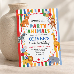 Safari Party Animals 1st Birthday Colourful Stripe Invitation