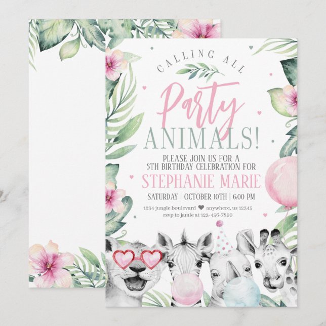 Safari Party Animals Birthday Invitation for Girl (Front/Back)