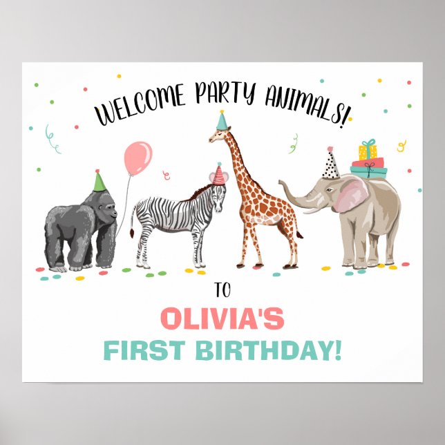 Safari Party Animals Zoo Girl Birthday Welcome  Poster (Front)