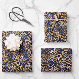 Safari Patterns Tropical Exotic Gold and Navy Blue Wrapping Paper Sheet