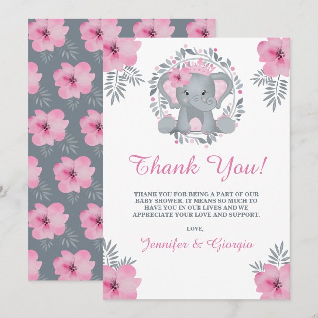 Safari Pink Floral Elephant Baby Shower Thank You Card (Front/Back)