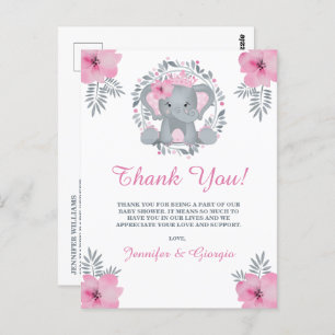 Safari Pink Floral Elephant Baby Shower Thank You Postcard
