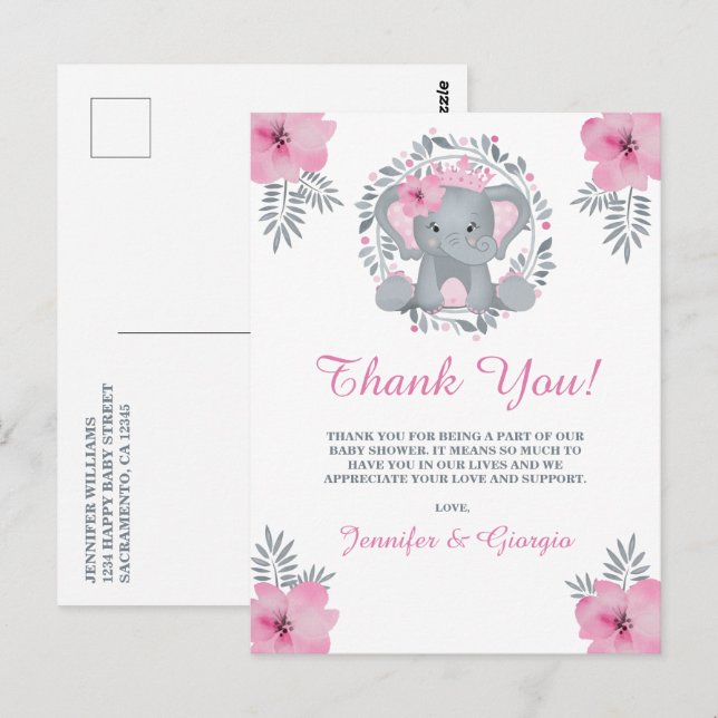 Safari Pink Floral Elephant Baby Shower Thank You Postcard (Front/Back)